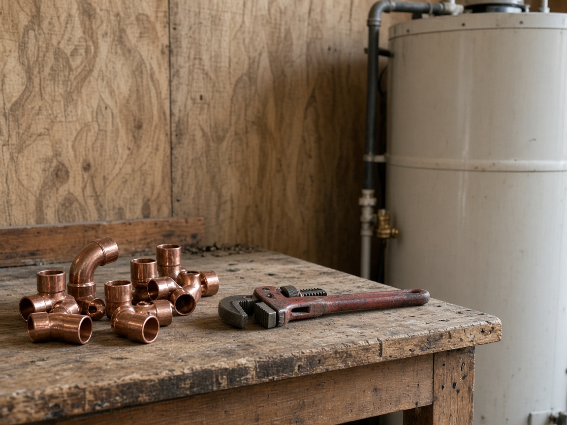 Workshop bench with copper pipe and hand tools