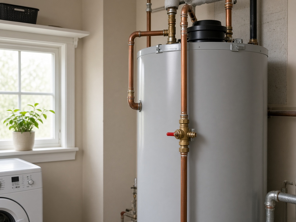 Residential water heater and copper lines in a utility room
